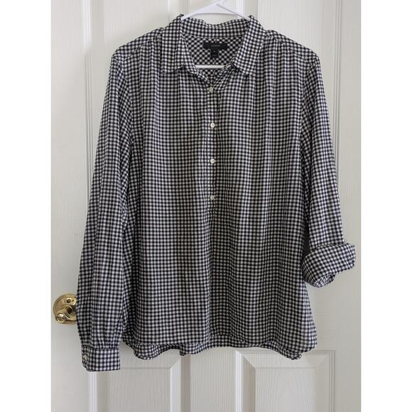 J. Crew Tops - J Crew Shirt Womens 14 Black White Checkered ButtonUp Casual Collared Classic Ch